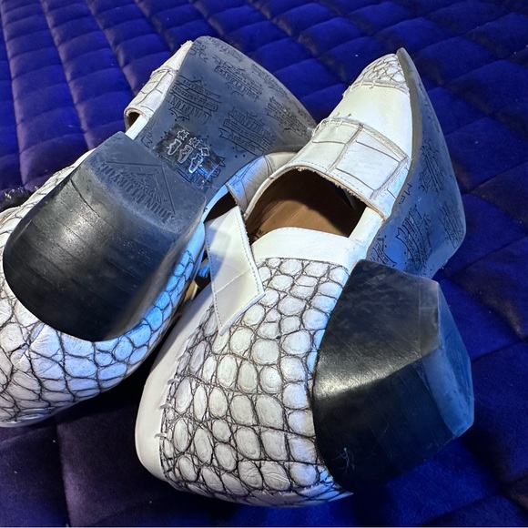 Fluevog Truth Alisha T-Strap Heel with Skull Buckle in White Croc 🤍🖤 - Picture 8 of 11